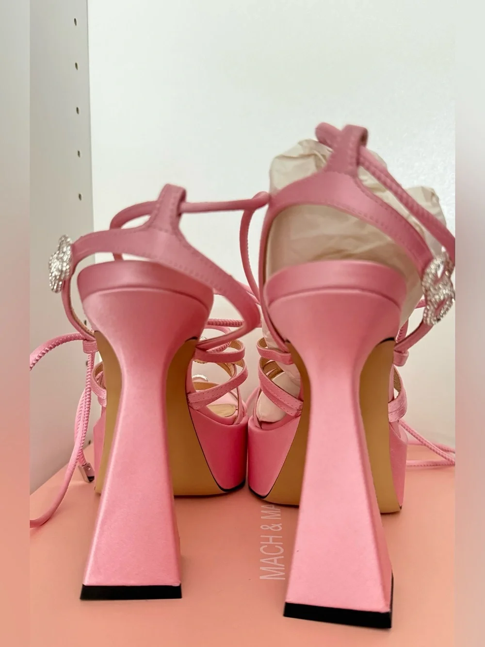 Mach & Mach Pink Satin Double Bow Crystal Embellished Platform Sandals size 38